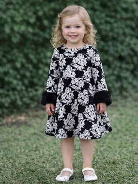 Janie and Jack Black Floral Dress Size 3 | Faux Fur Cuff Holiday Dress EUC